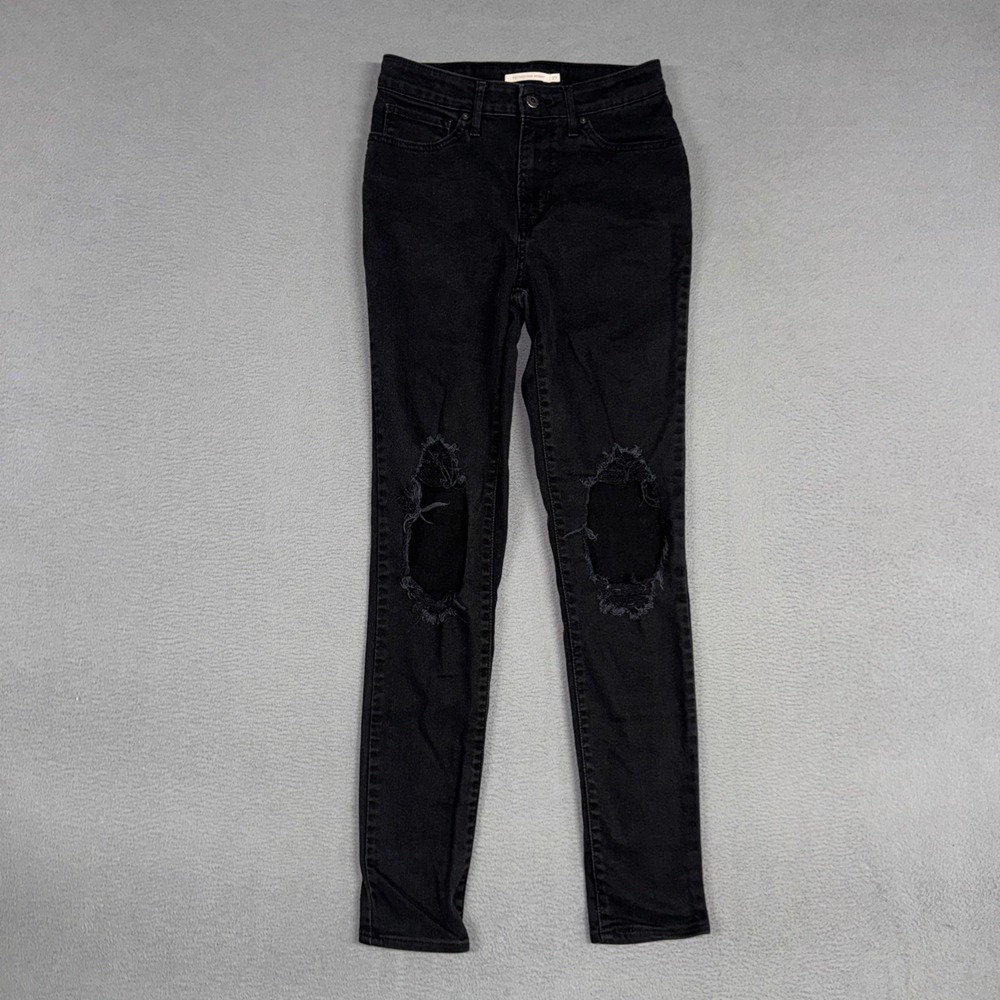 Levis Jeans Women 27 Black 721 High Rise Skinny Distressed Ripped Stretch Denim